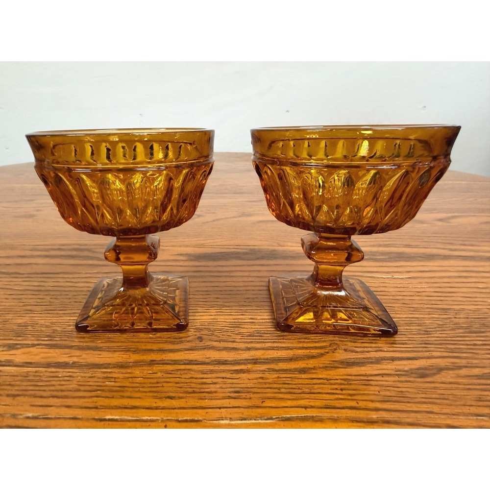 Vintage Amber Glass Sherbet Dessert Cups (2) Diamond Point Square Base Starburst